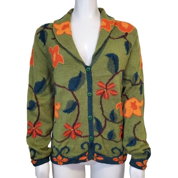 New Tey-Art ALPACA Blend Floral Embroidered Sweater Cardigan Size M Tabask #1 - Picture 2 of 8